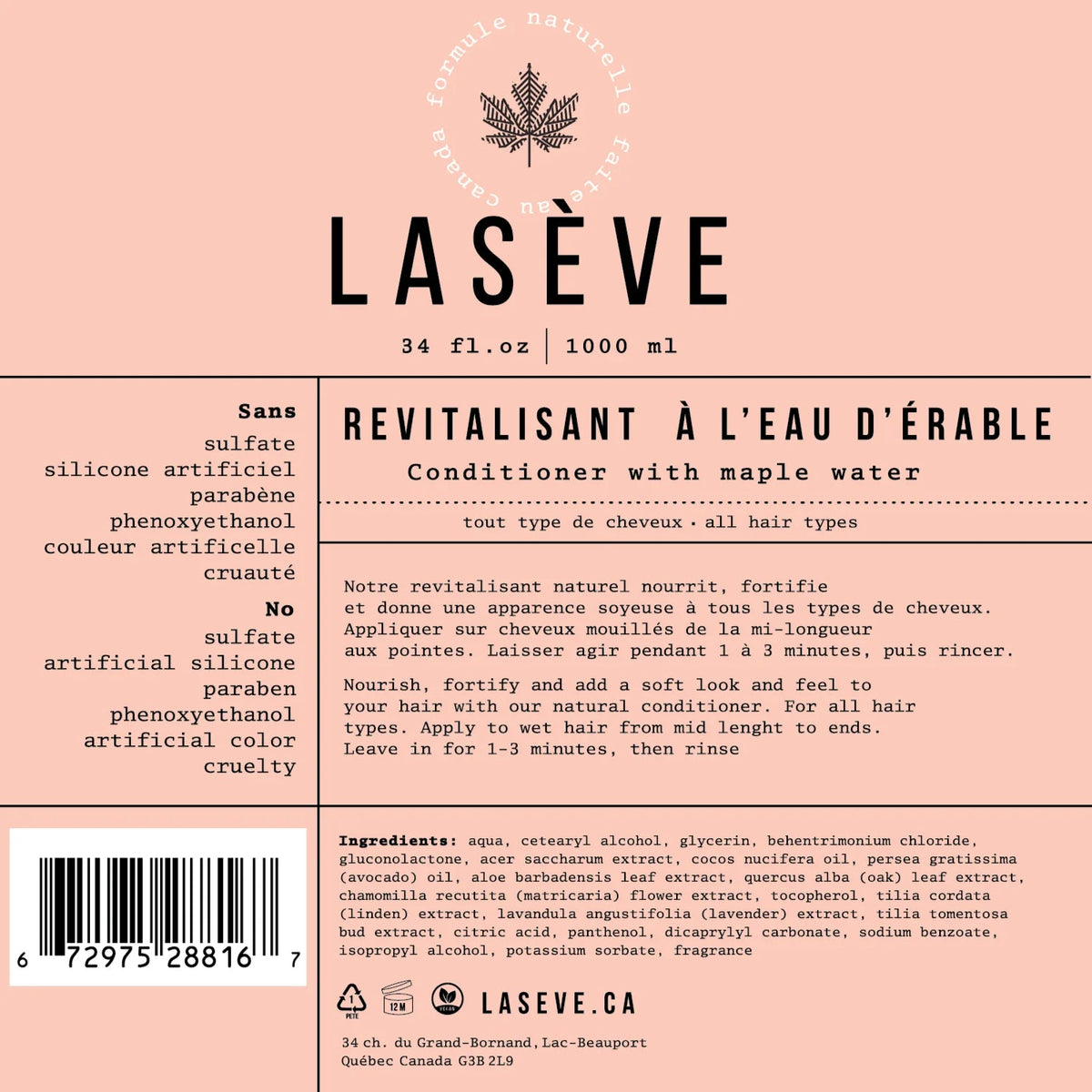 Revitalisant à l'eau d'érable Lasève